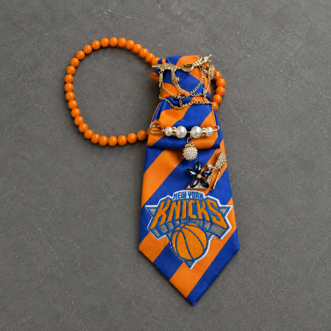 Orange Blue Diagonal Stripe Pearl Junk Tie | Gold Chain Navy Crystal Brooch