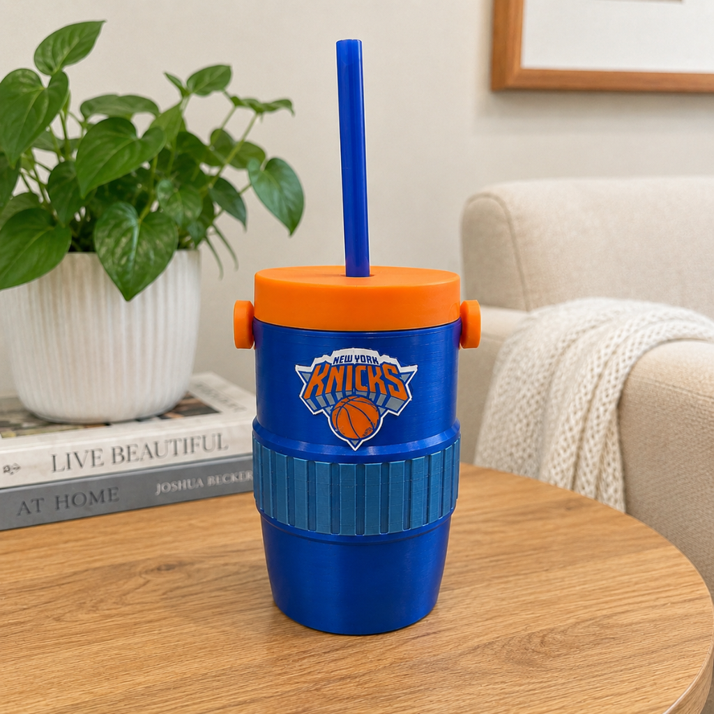 NY Basketball Fan Tumbler Cup | Royal Blue Orange Lid Team Crest Logo Straw Cup