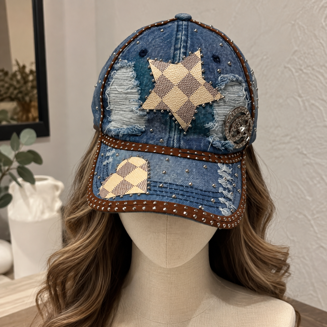 Denim Blue Checkered Star Junk Tie Cap Set | Rhinestone Studded