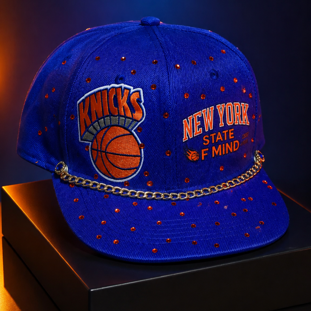 Royal Blue Basketball Statement Cap | Orange Rhinestone New York Fan Hat