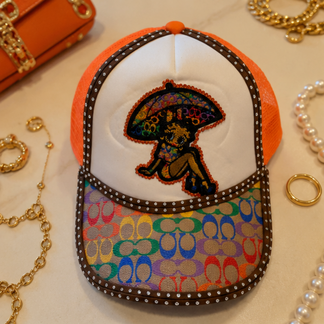 Betty Boop Rhinestone Trucker Cap Women Orange Rainbow