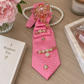 Rose Pink Woven Textured Junk Tie | Gold Crystal Crown Pearl Pave Brooch