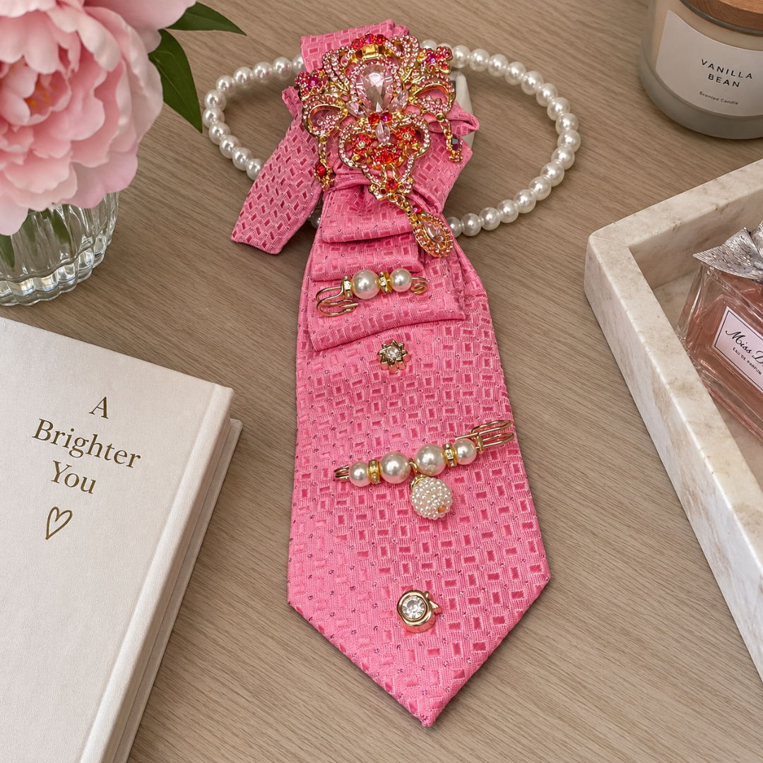 Rose Pink Woven Textured Junk Tie | Gold Crystal Crown Pearl Pave Brooch