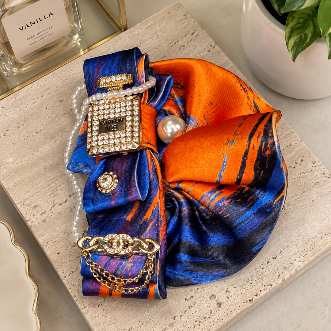 Cobalt Blue Orange Abstract Brushstroke Junk Tie | Crystal Parfum Bottle Pearl Chain Brooch