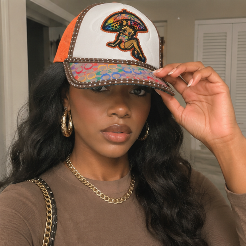 Betty Boop Rhinestone Trucker Cap Women Orange Rainbow