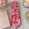 Pink Ribbon Print Awareness Junk Tie | Gold Starburst Pearl Hoop Crystal Brooch