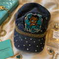 Betty Boop Tiffany Denim Cap Women Gold Chain Rhinestone