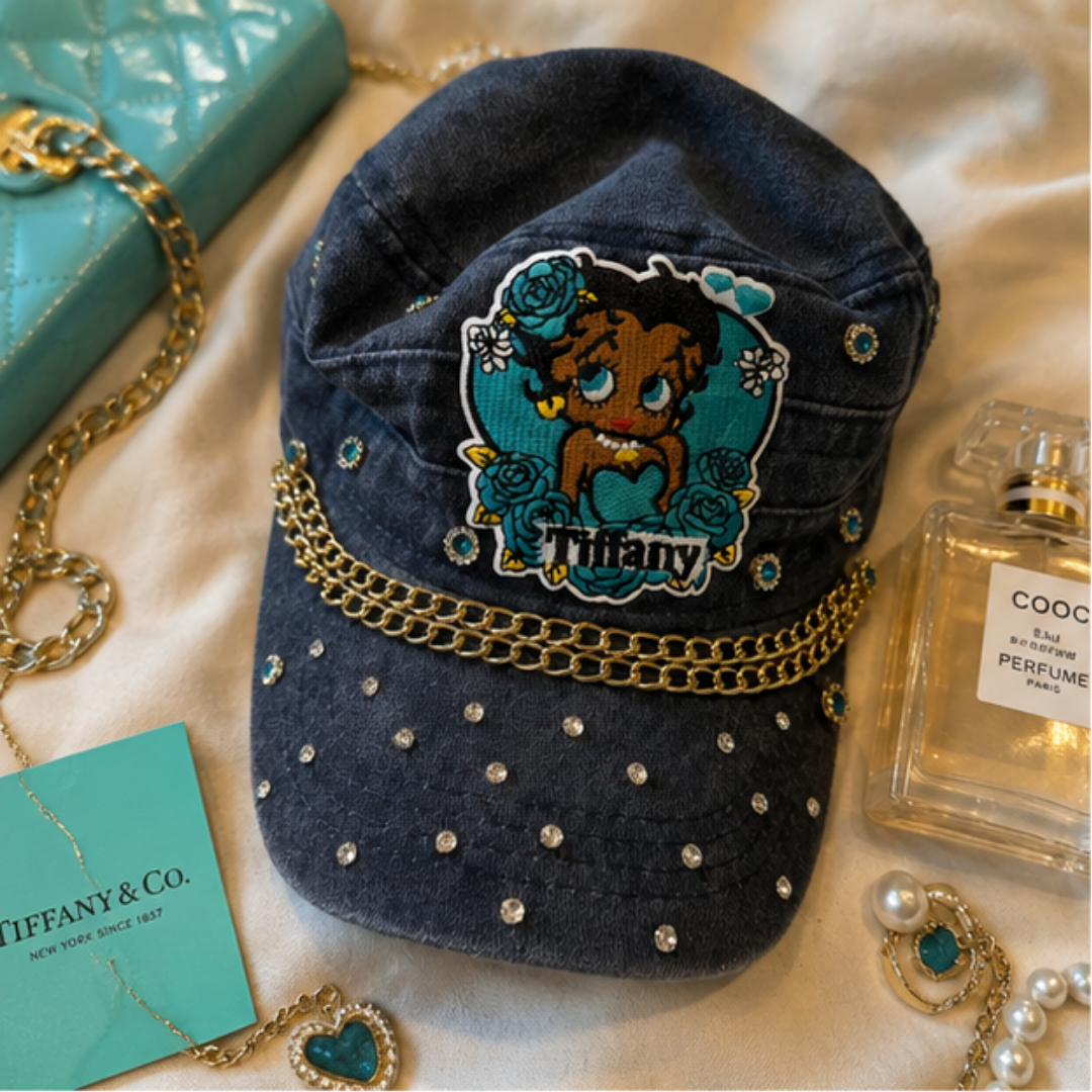 Betty Boop Tiffany Denim Cap Women Gold Chain Rhinestone