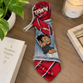 Red Navy Stripe Denim Junk Tie | Crystal Script Name Retro Glam Girl Patch Pearl Brooch