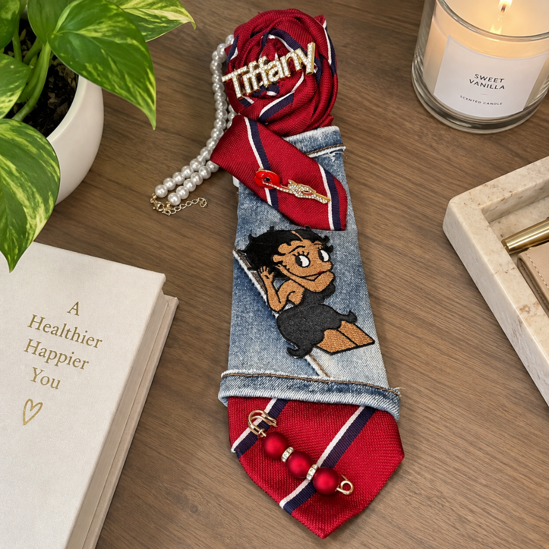 Red Navy Stripe Denim Junk Tie | Crystal Script Name Retro Glam Girl Patch Pearl Brooch