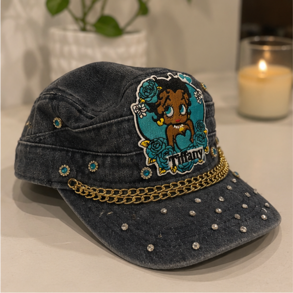 Betty Boop Tiffany Denim Cap Women Gold Chain Rhinestone