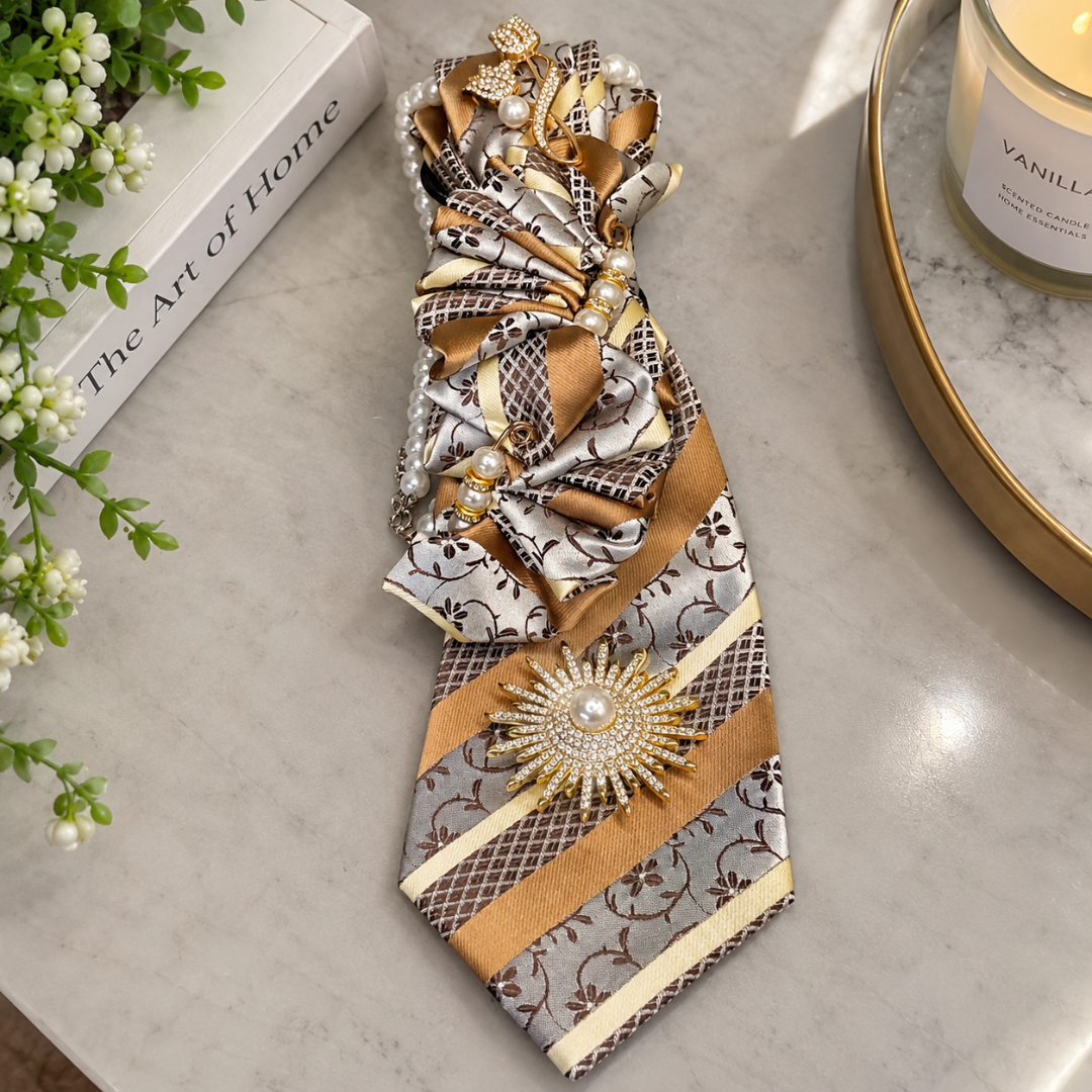 Gold Bronze Floral Jacquard Stripe Junk Tie | Crystal Sunburst Pearl Center Brooch