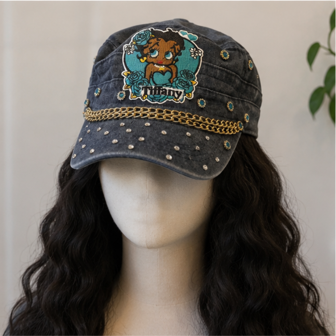 Betty Boop Tiffany Denim Cap Women Gold Chain Rhinestone
