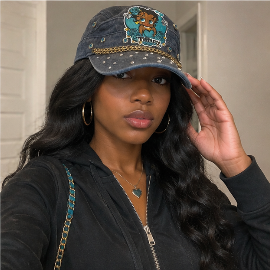 Betty Boop Tiffany Denim Cap Women Gold Chain Rhinestone