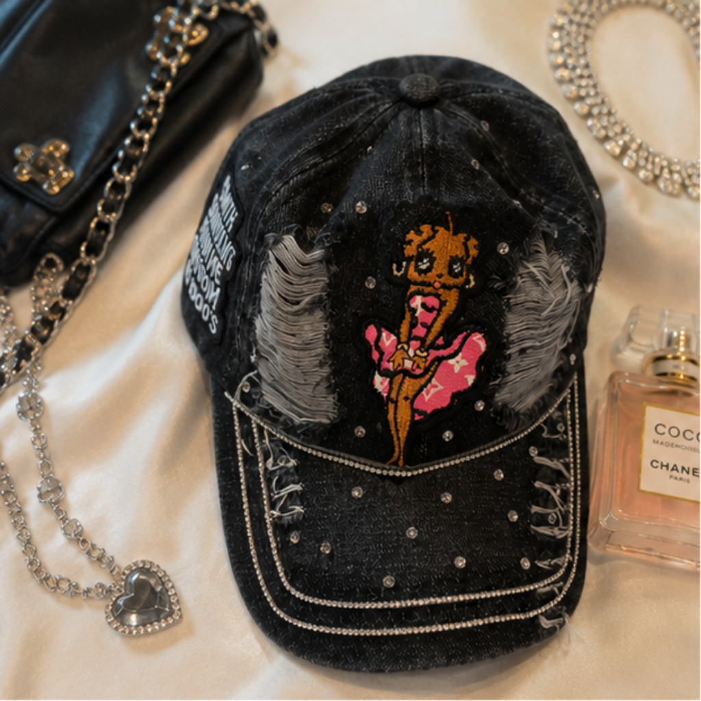 Betty Boop Angel Denim Cap Women Black Rhinestone