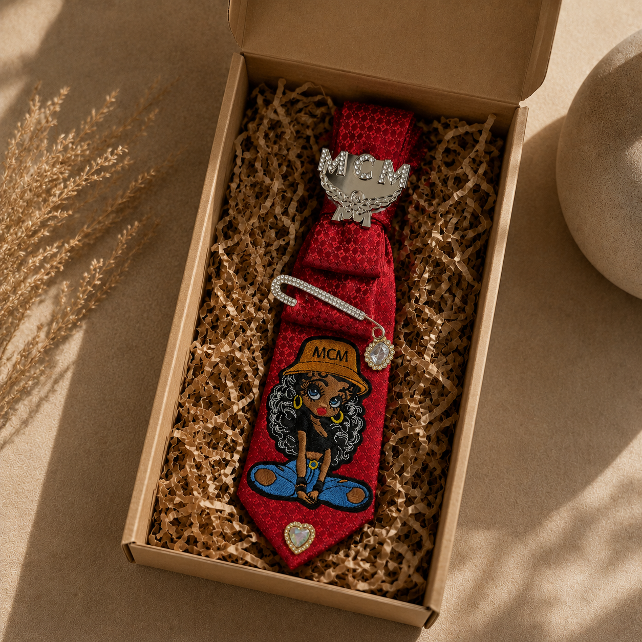 Red Jacquard MCM Girl Junk Tie | Crystal Rhinestone Charm