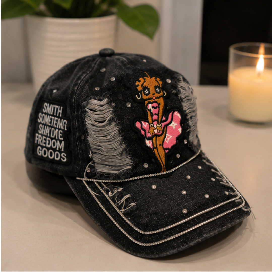 Betty Boop Angel Denim Cap Women Black Rhinestone