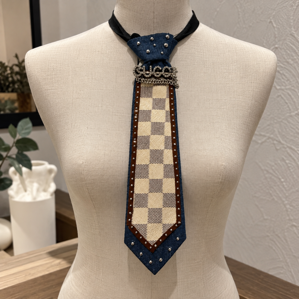 Denim Blue Checkered Star Junk Tie Cap Set | Rhinestone Studded