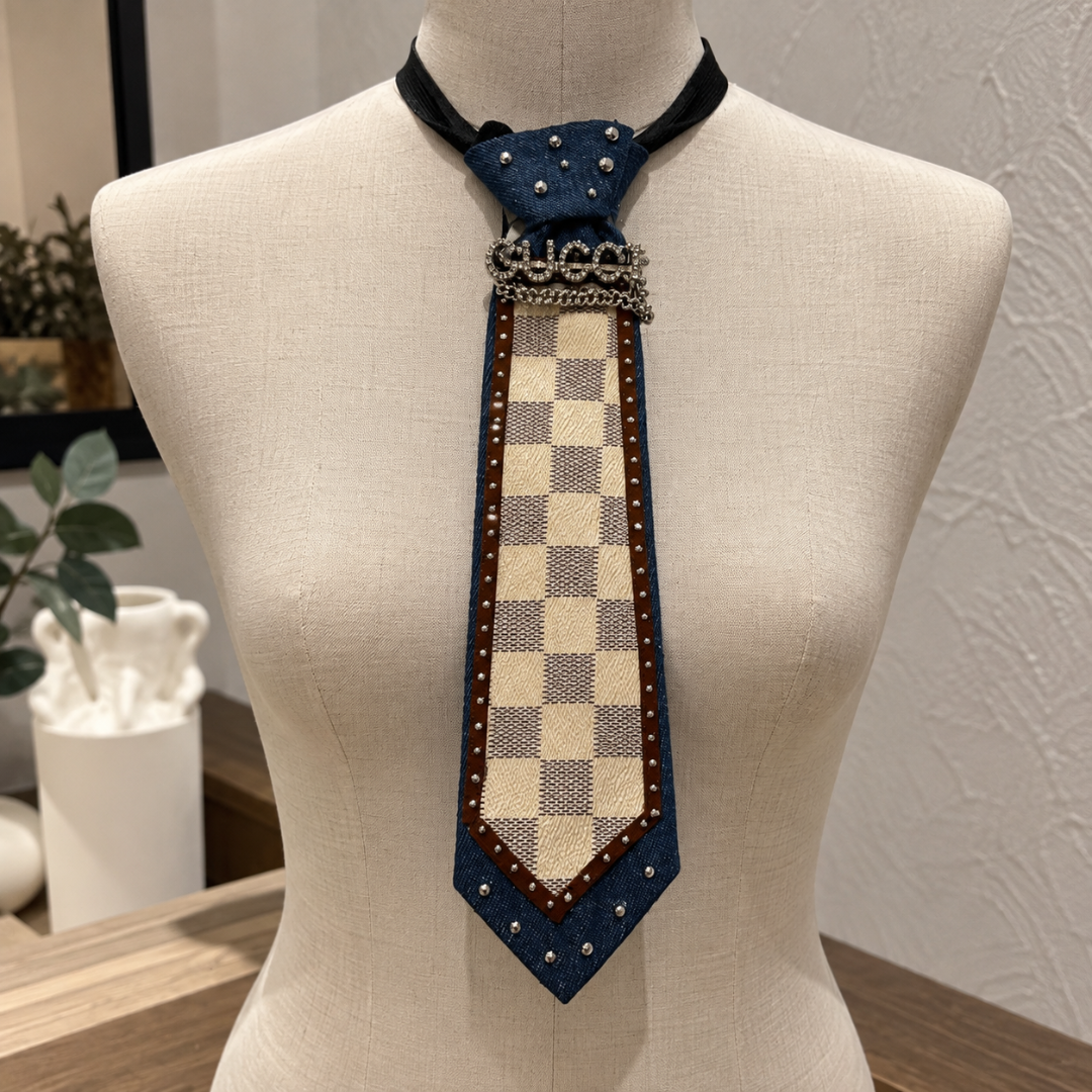 Denim Blue Checkered Star Junk Tie Cap Set | Rhinestone Studded