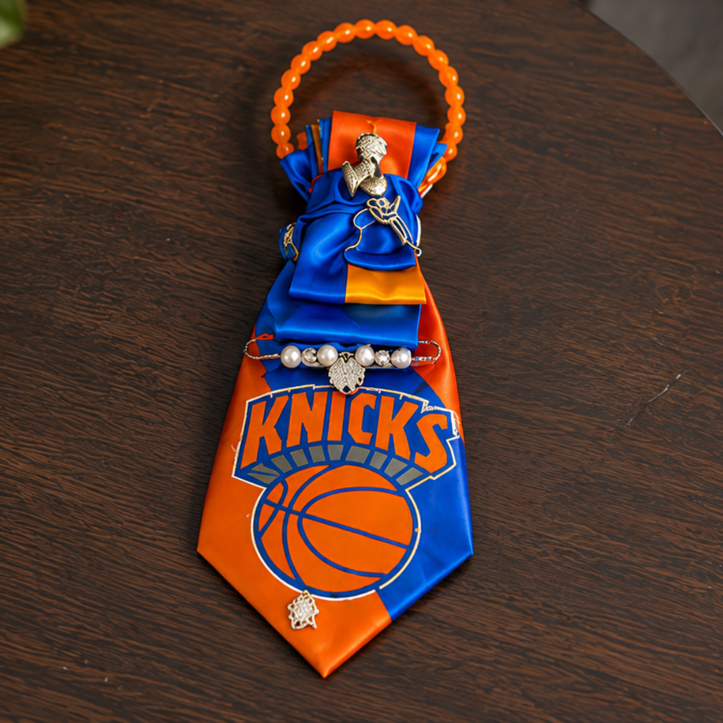 Orange Blue NY Basketball Fan Junk Tie | Pearl Chain Brooch Silver Player Charm Bow Accent