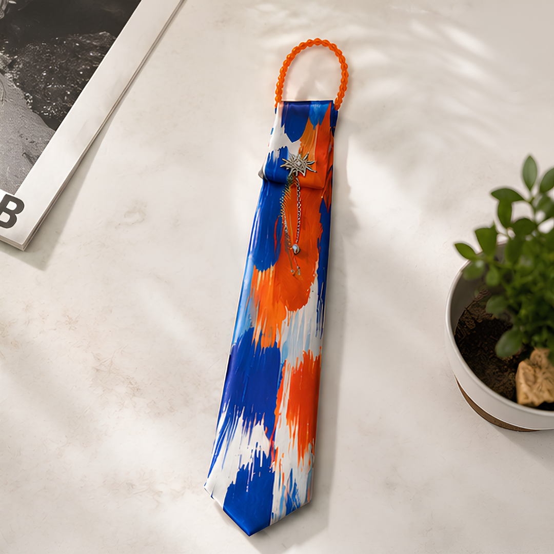 Orange Blue White Brushstroke Junk Tie | Silver Starburst Charm Chain Accent