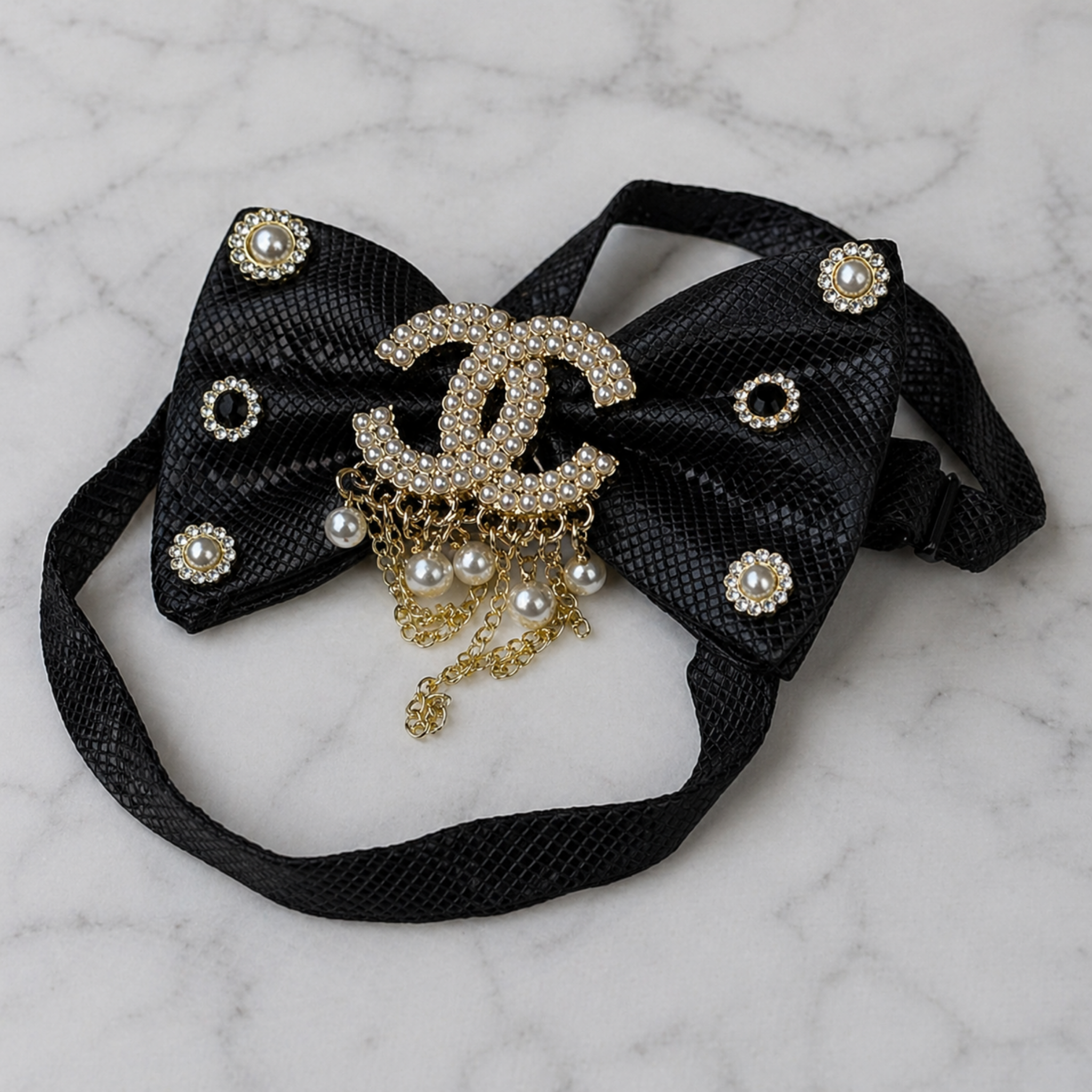 Black Pearl Bow Tie | Crystal Chain Statement Piece