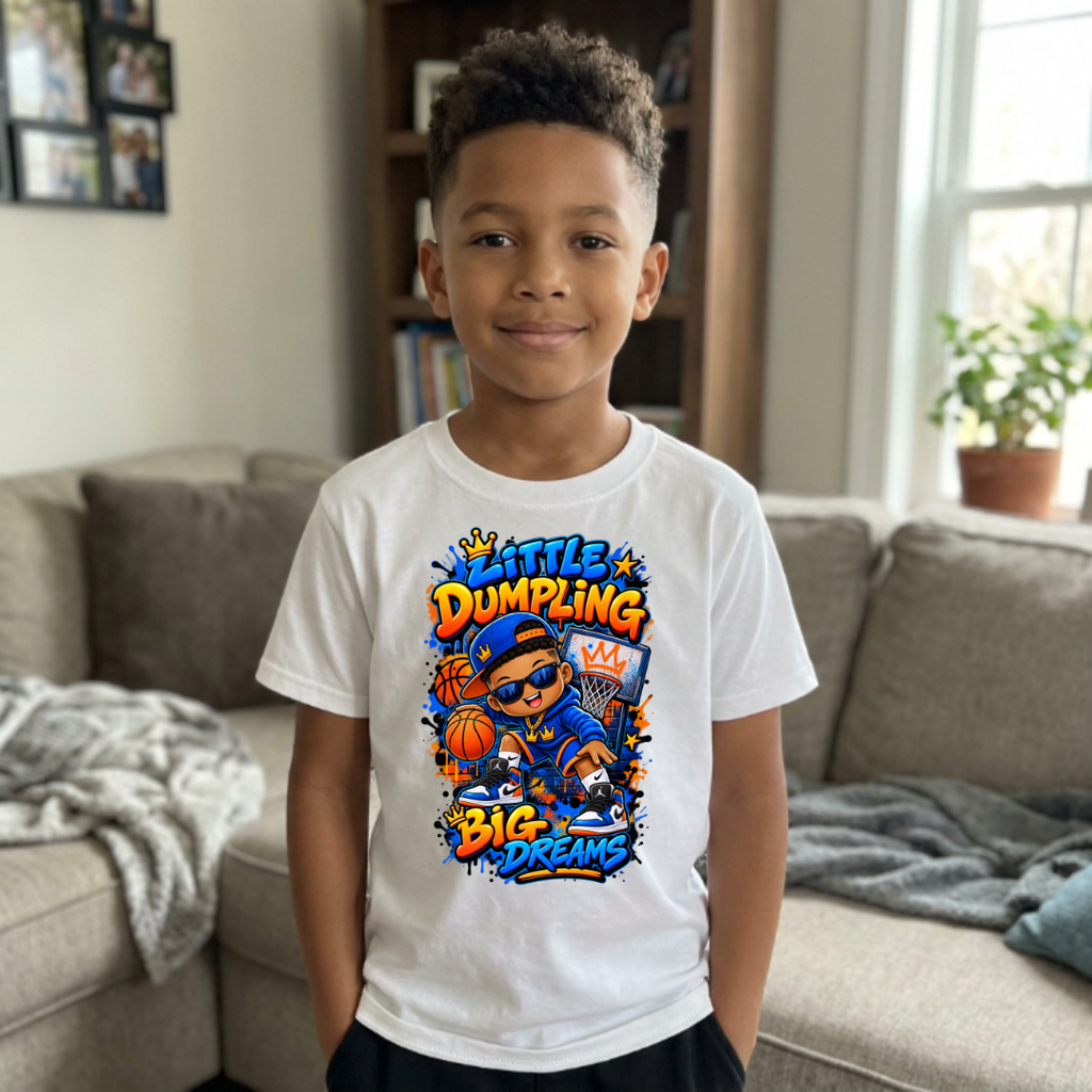 Little Dumpling Big Dreams Kids Graffiti Graphic Tee in white worn by child model