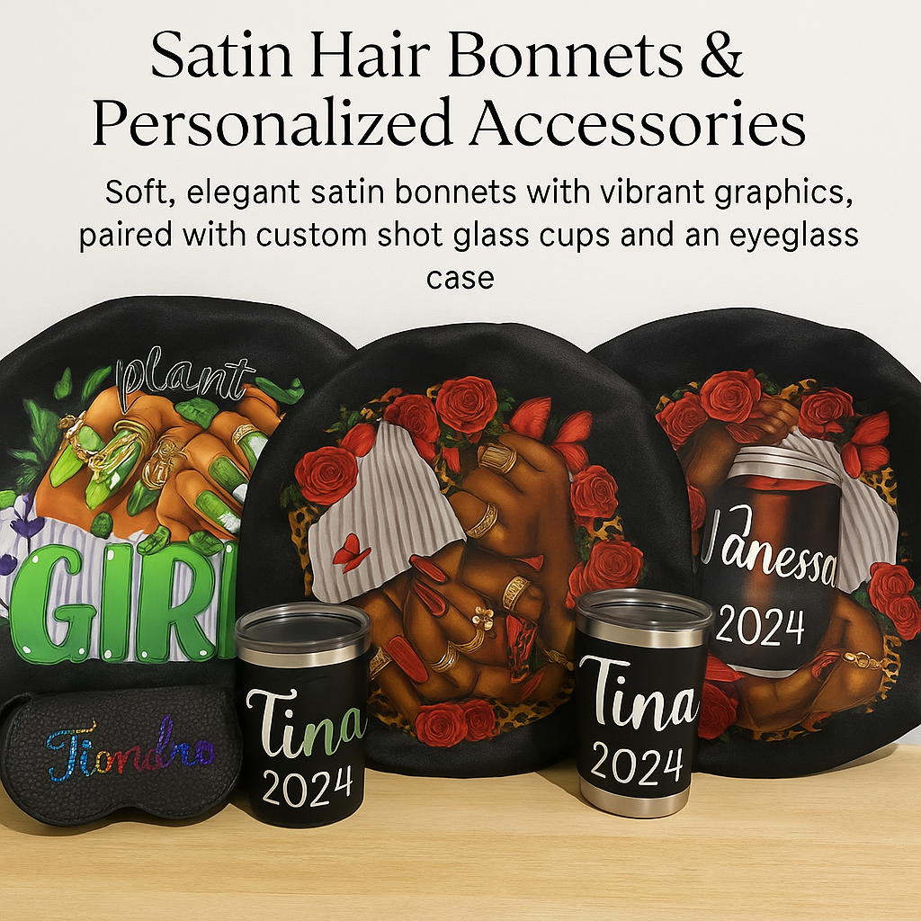 Satin hair bonnets with vibrant graphics, shot glass cups, and an eyeglass case on a wooden surface.