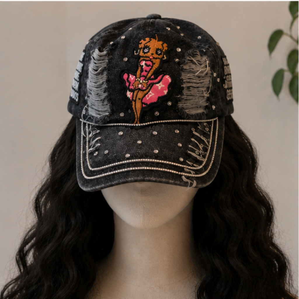 Betty Boop Angel Denim Cap Women Black Rhinestone