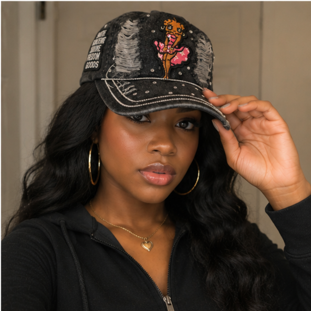 Betty Boop Angel Denim Cap Women Black Rhinestone