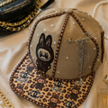 Labubu Bunny Denim Cap Women Pearl Stud Leopard Chain