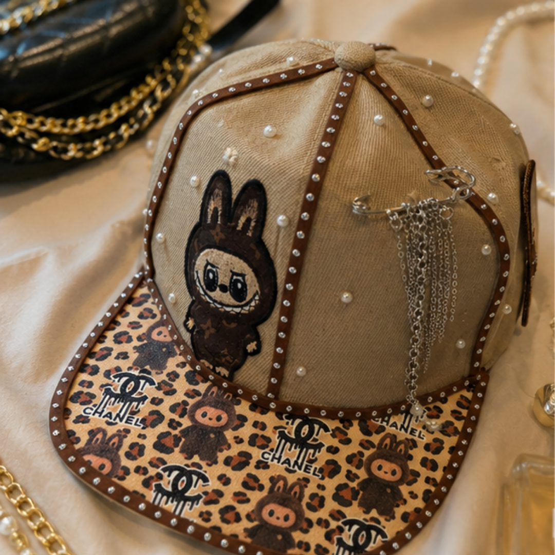 Labubu Bunny Denim Cap Women Pearl Stud Leopard Chain