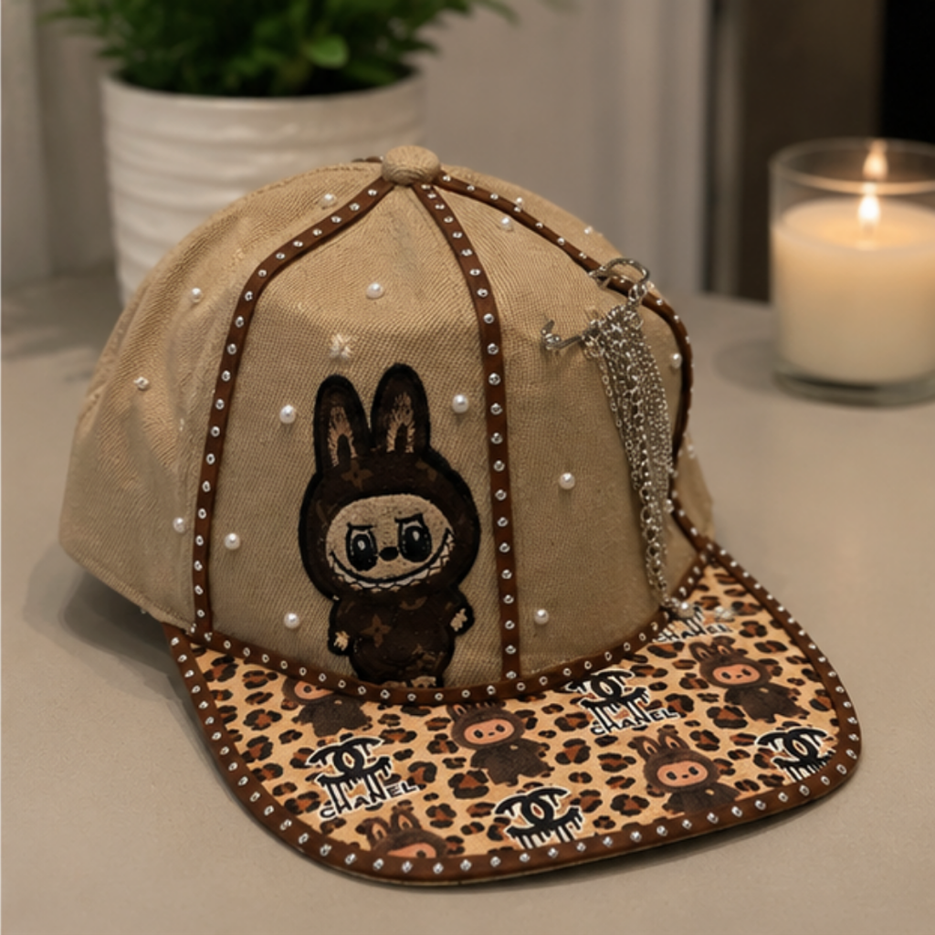 Labubu Bunny Denim Cap Women Pearl Stud Leopard Chain