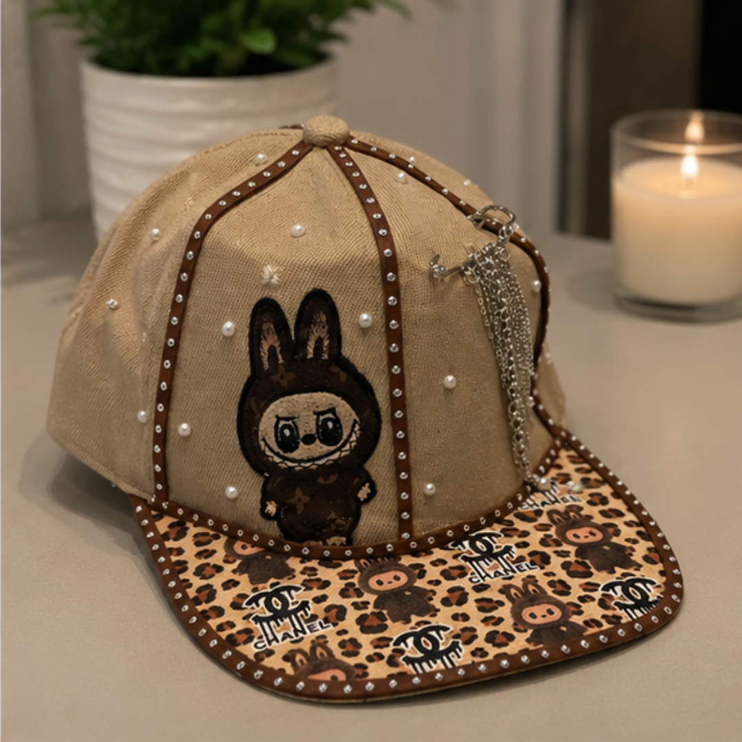 Labubu Bunny Denim Cap Women Pearl Stud Leopard Chain