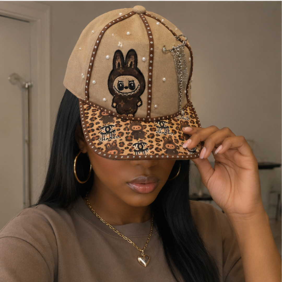 Labubu Bunny Denim Cap Women Pearl Stud Leopard Chain