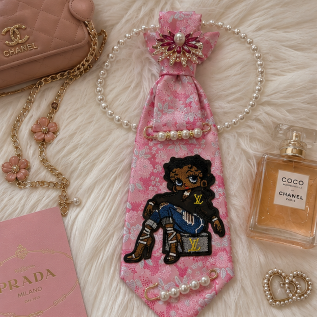 Betty Boop Pink Floral Junk Tie Women Pearl Brooch
