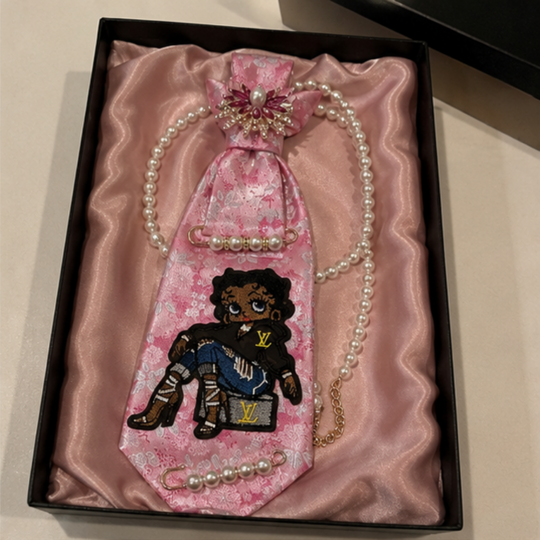 Betty Boop Pink Floral Junk Tie Women Pearl Brooch