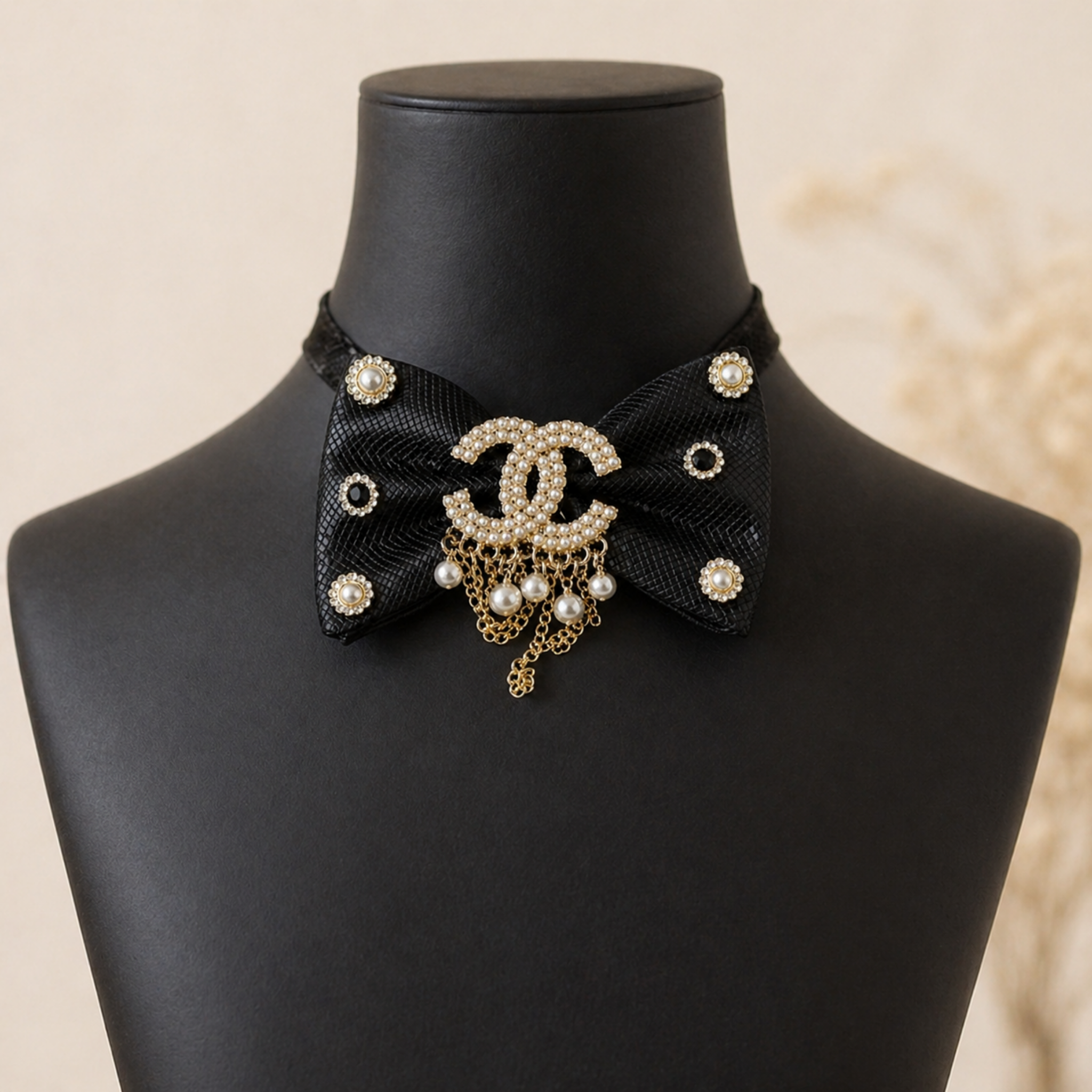 Black Pearl Bow Tie | Crystal Chain Statement Piece