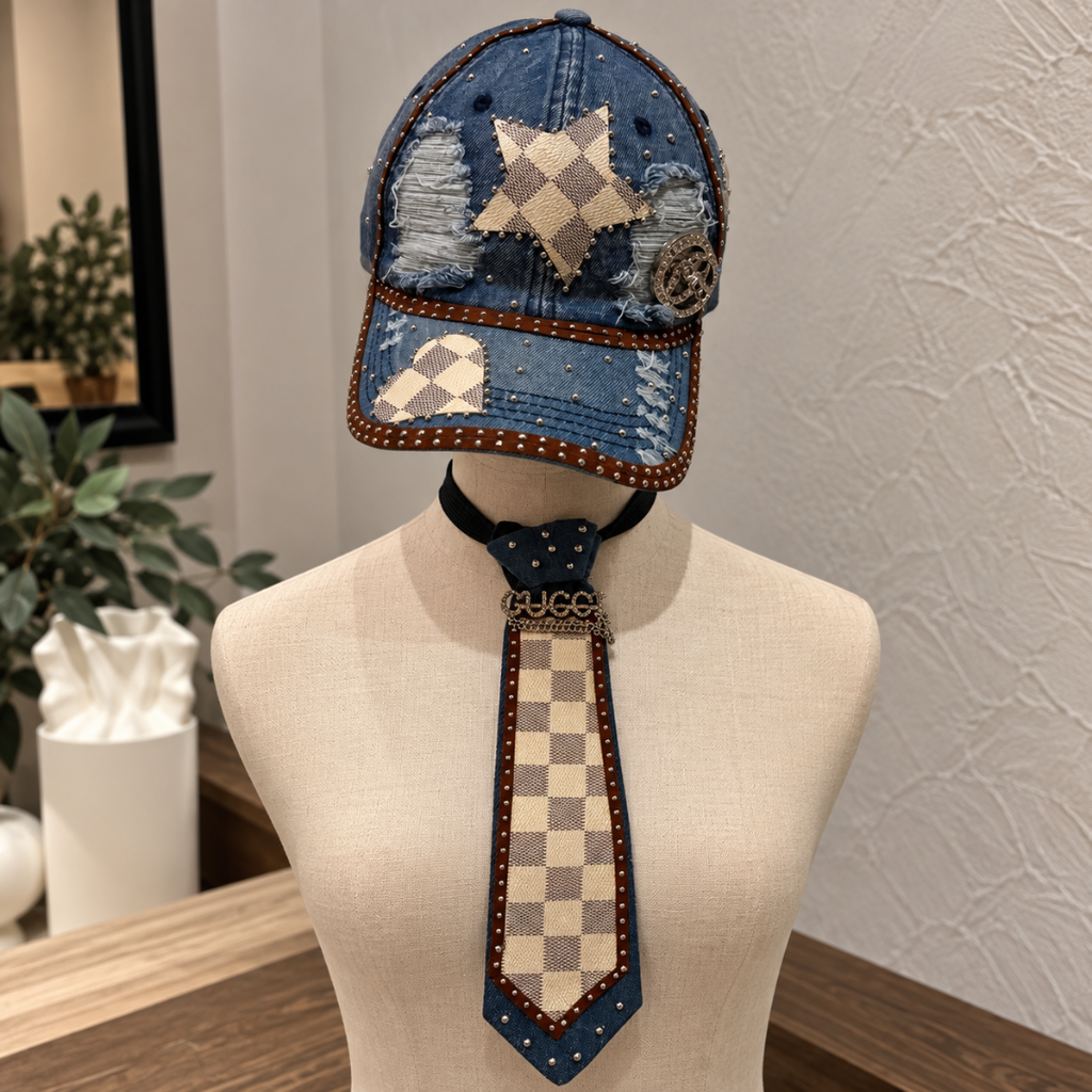 Denim Blue Checkered Star Junk Tie Cap Set | Rhinestone Studded