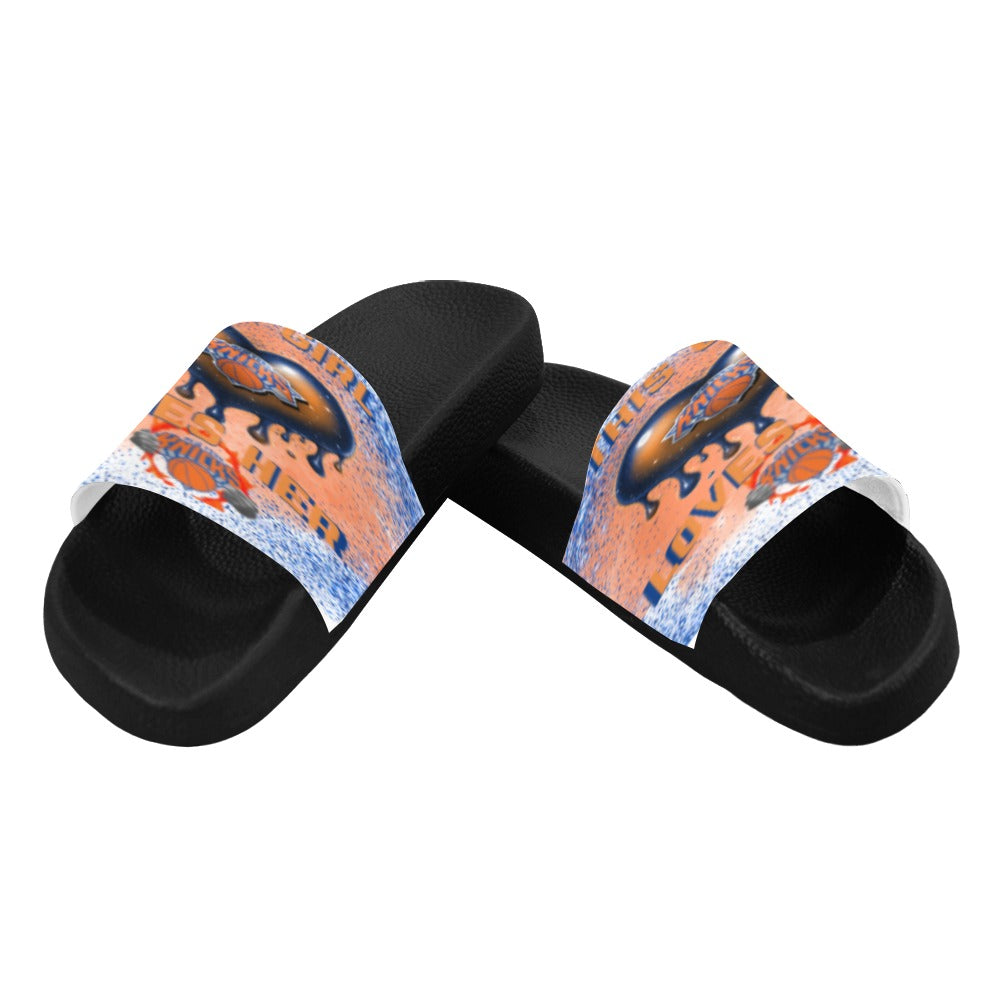 Black slide sandal with orange and blue NY basketball fan graphic strap