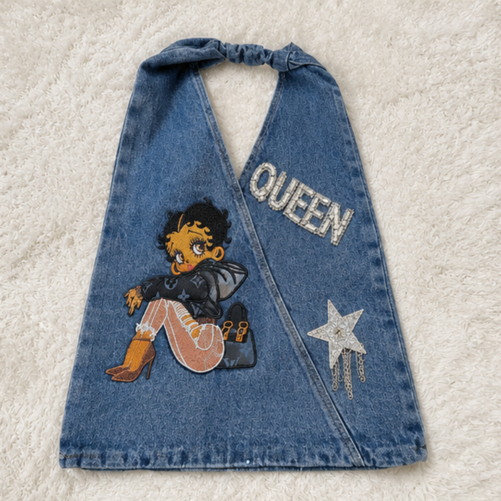 Betty Boop Queen Denim Halter Bag Women Rhinestone Star
