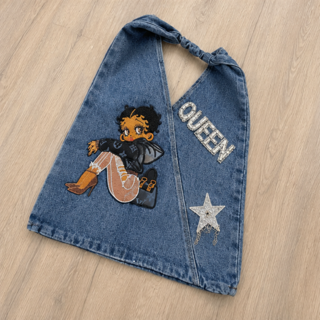 Betty Boop Queen Denim Halter Bag Women Rhinestone Star