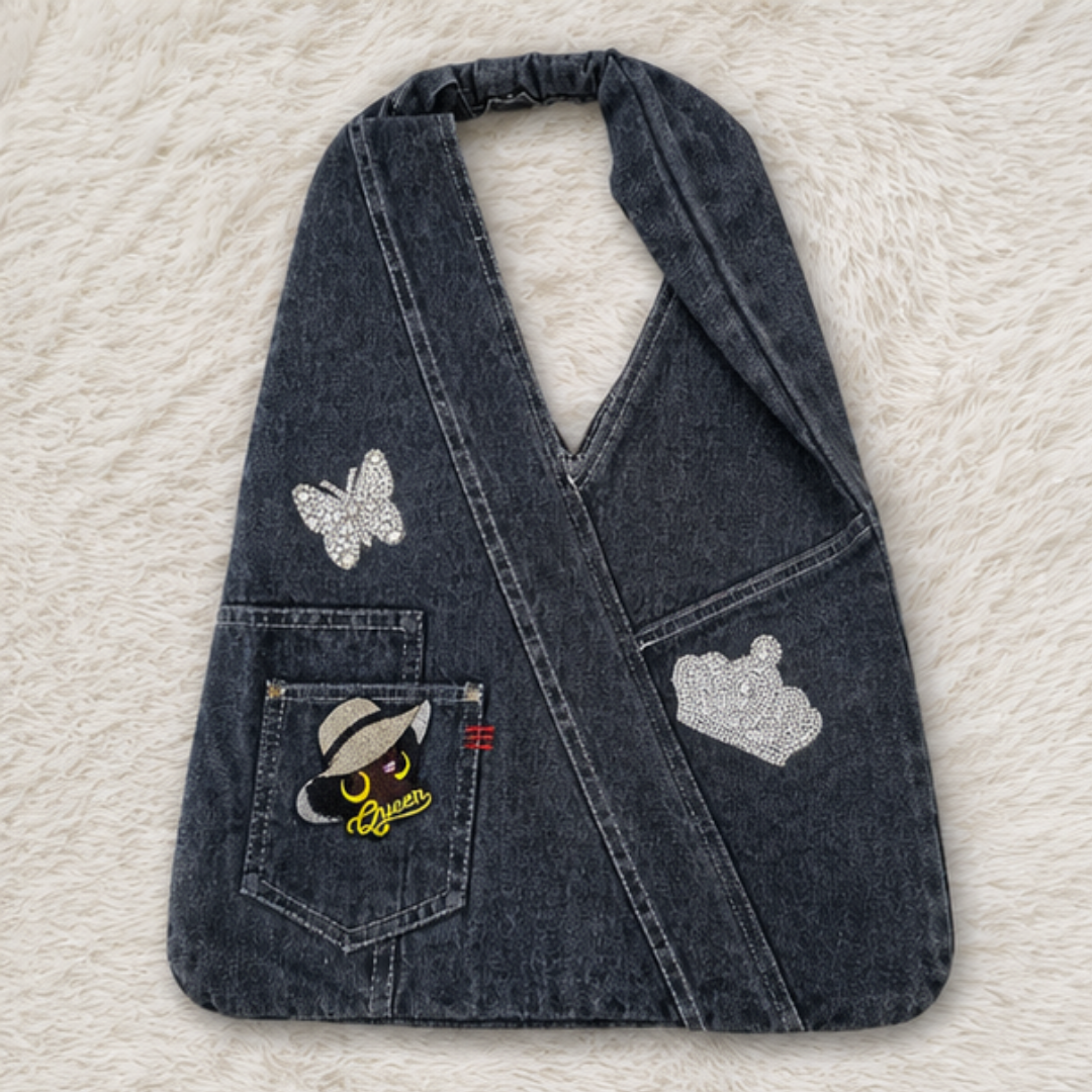 Queen Rhinestone Denim Halter Bag Women Butterfly Crown