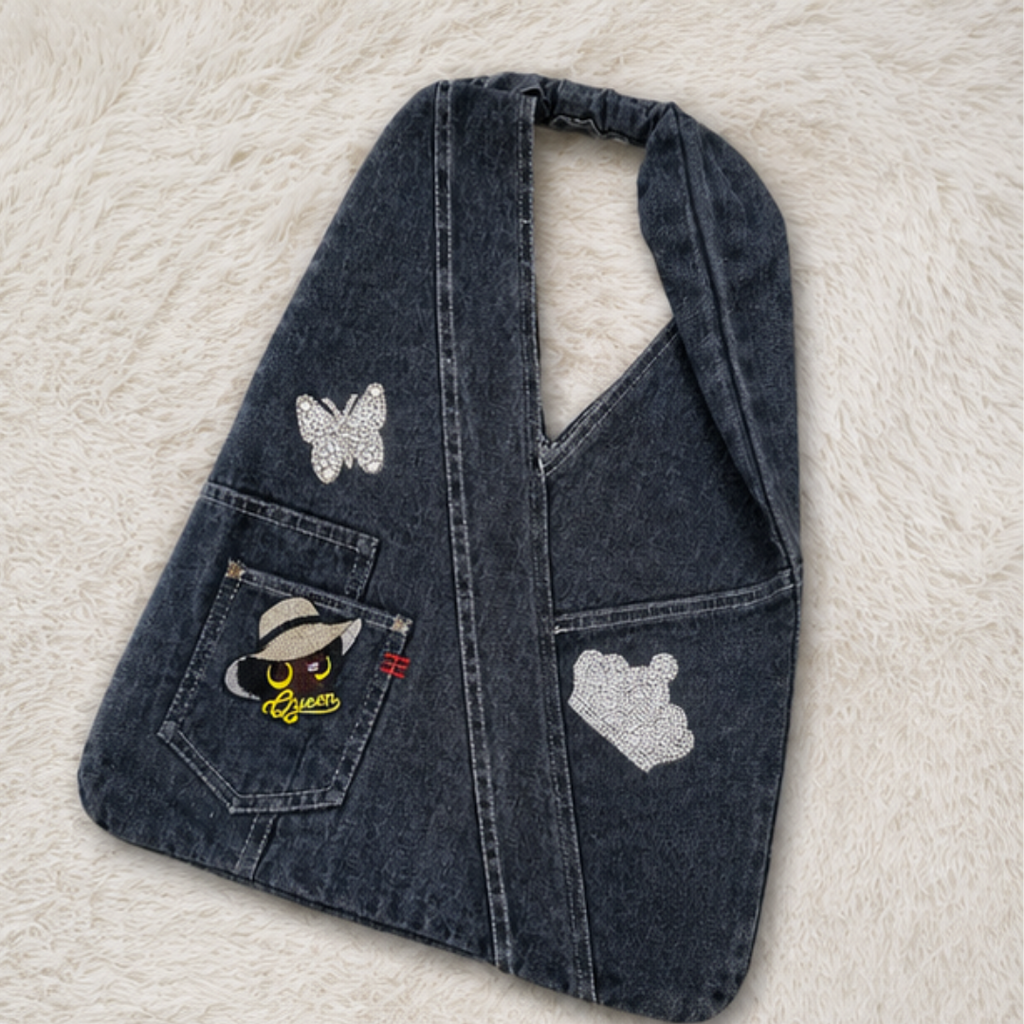 Queen Rhinestone Denim Halter Bag Women Butterfly Crown