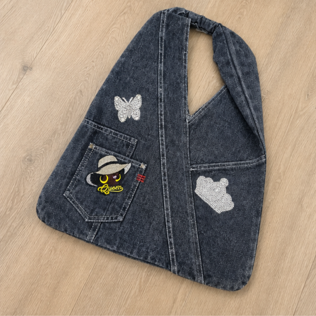 Queen Rhinestone Denim Halter Bag Women Butterfly Crown