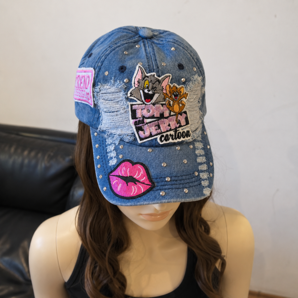 Tom and Jerry Rhinestone Denim Cap for Women