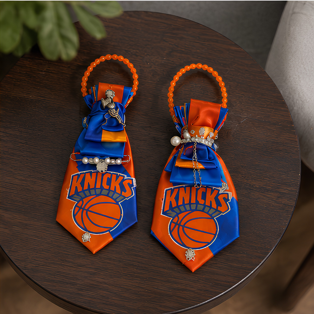 Orange Blue NY Basketball Fan Junk Tie | Pearl Chain Brooch Silver Player Charm Bow Accent