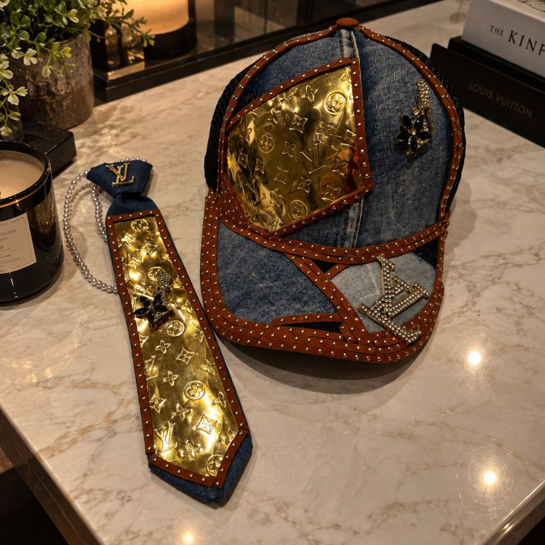 Denim Gold Metallic Monogram Junk Tie Cap Set | Crystal Star Brooch