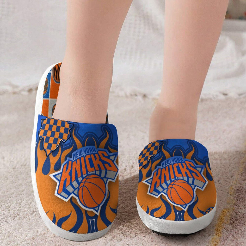 Royal blue and orange NY basketball fan slip-on slipper with flame graphic worn on feet
