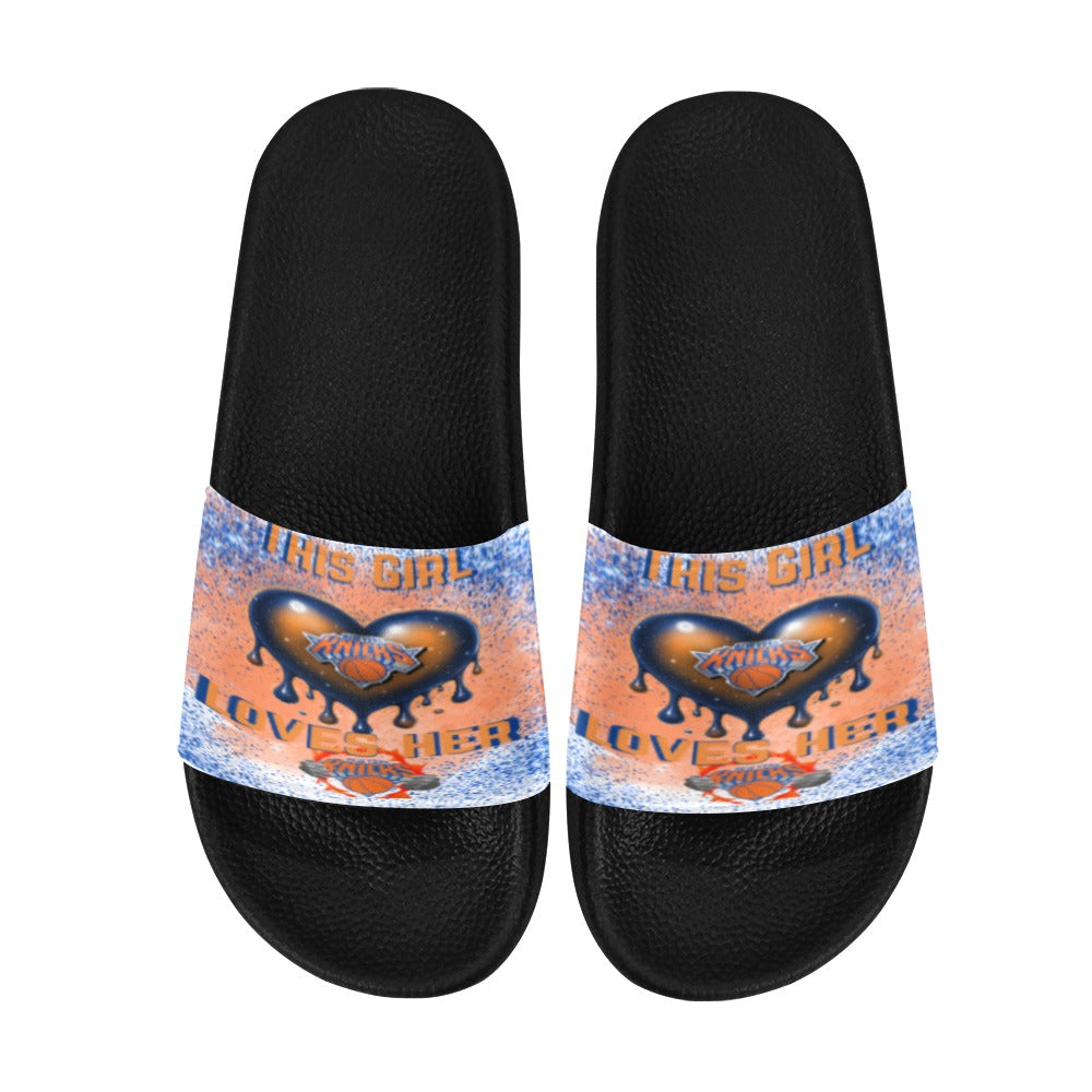 Black slide sandal pair with This Girl Loves Her NY drip heart graphic strap